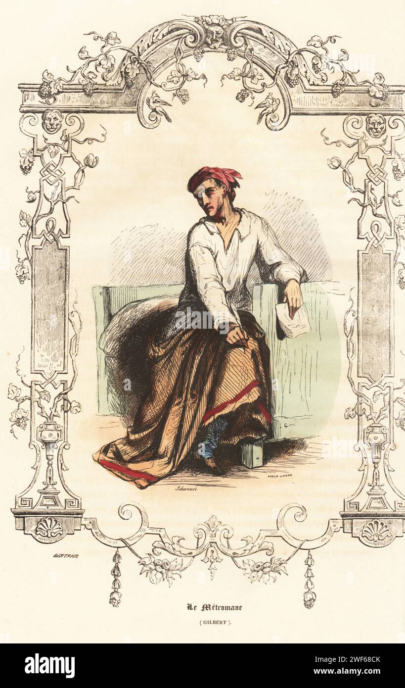 Nicolas Joseph Laurent Gilbert, französischer Dichter, 1750-1780. Kostüm eines Dichters, in weißem Hemd mit Federstift und Papier, auf einem Bett in einem Dachgewänder. Le Metromane. Gilbert. Handkolorierter Stahlstich von Adele Laisne nach einer Illustration von Tony Johannot, innerhalb einer Grenze von Bertrand, aus Augustin Challamels Autrefois ou Le Bon Vieux Temps, Types de 18e Siecle, Challamel et Cie, 1842. Stockfoto