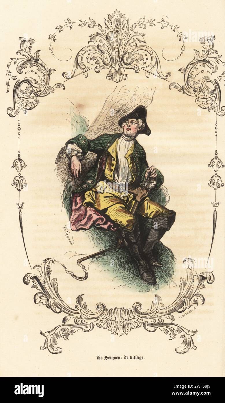 Kostüm eines Herren eines französischen Dorfes, 18. Jahrhundert. Mann in Dreikorn, Justaucorps, Weste und Reithose, Stiefel, mit Schwert und Peitsche. Le Seigneur de Village. Handkolorierter Stahlstich nach einer Illustration von Theophile Fragonard, in einer dekorativen Kartusche von Bertrand, aus Augustin Challamels Autrefois oder Le Bon Vieux Temps, Types de 18e Siecle, Challamel et Cie, 1842. Stockfoto