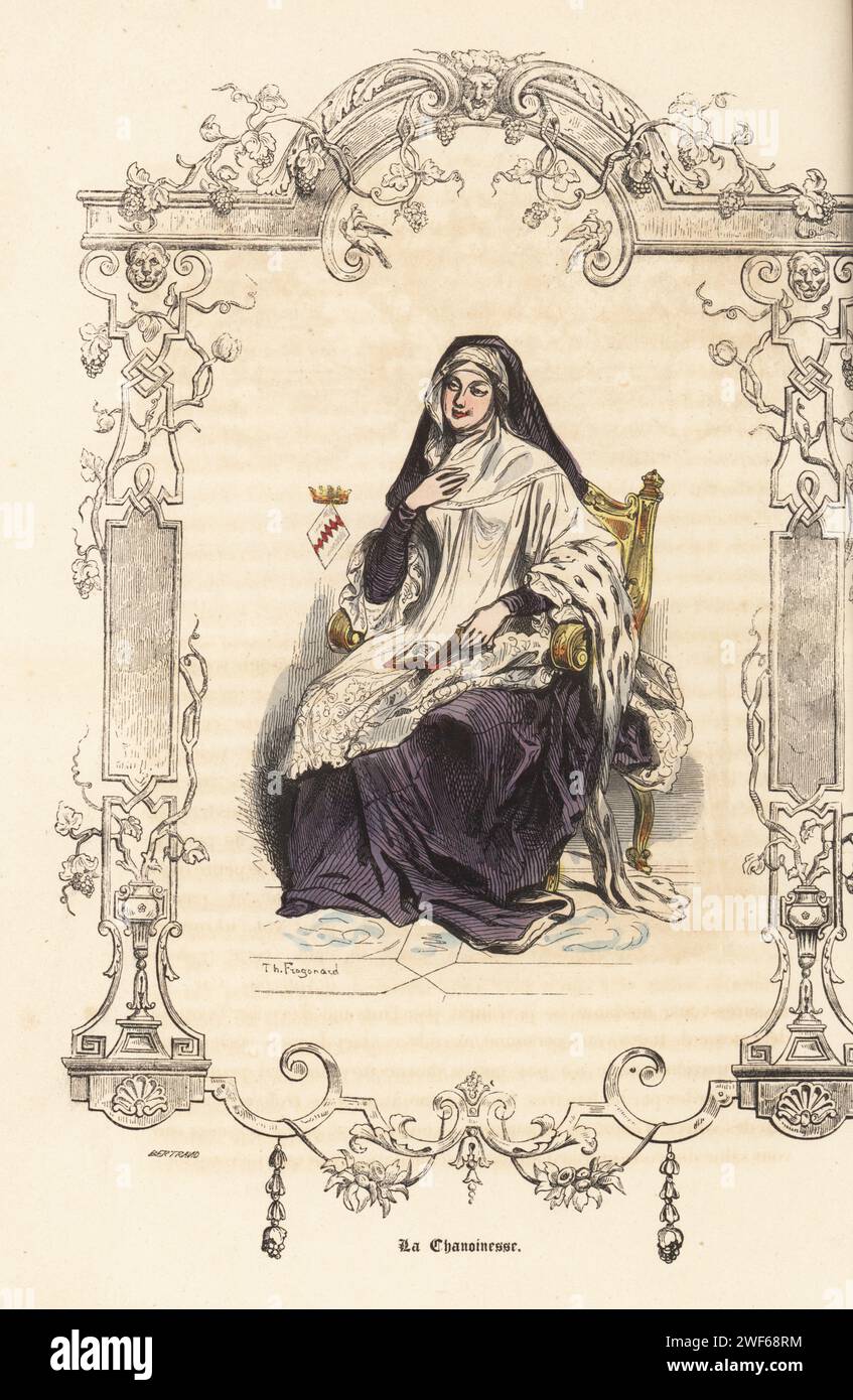 Kostüm einer Kanonierin aus dem 18. Jahrhundert. In Schleier und Wimper, lila und weiße Gewohnheit, Hermelin Schal. La Chanoinesse. Handkolorierter Stahlstich nach einer Illustration von Theophile Fragonard, in einer dekorativen Kartusche von Bertrand, aus Augustin Challamels Autrefois oder Le Bon Vieux Temps, Types de 18e Siecle, Challamel et Cie, 1842. Stockfoto