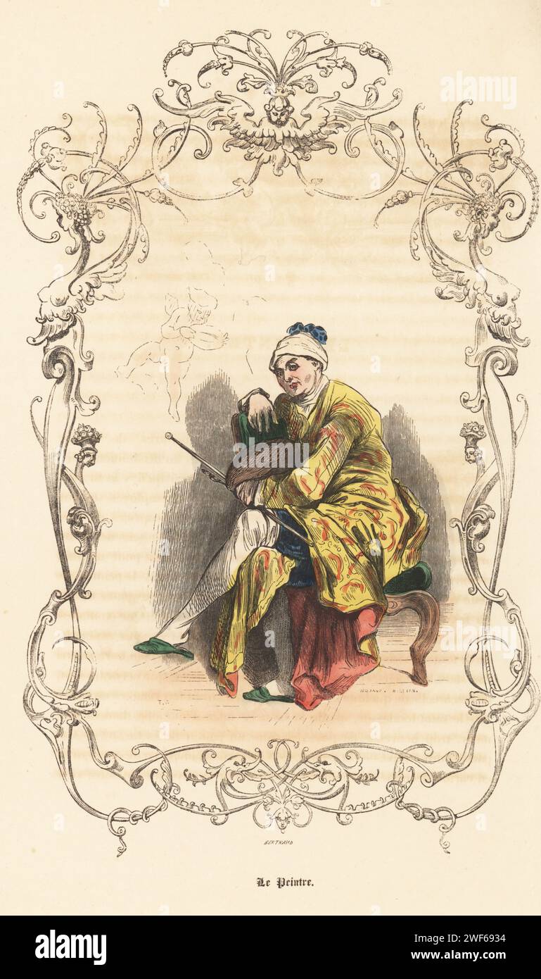 Kostüm eines Malers, Frankreich des 18. Jahrhunderts. Künstler in Turban und Mantel, sitzt auf einem Stuhl, hält Pinsel, Palette und Mahl Stock. Le Peintre. Handkolorierter Stahlstich von Modave & Billian, nach einer Illustration von Theophile Fragonard, in einer dekorativen Kartusche von Bertrand, aus Augustin Challamels Autrefois oder Le Bon Vieux Temps, Types de 18e Siecle, Challamel et Cie, 1842. Stockfoto