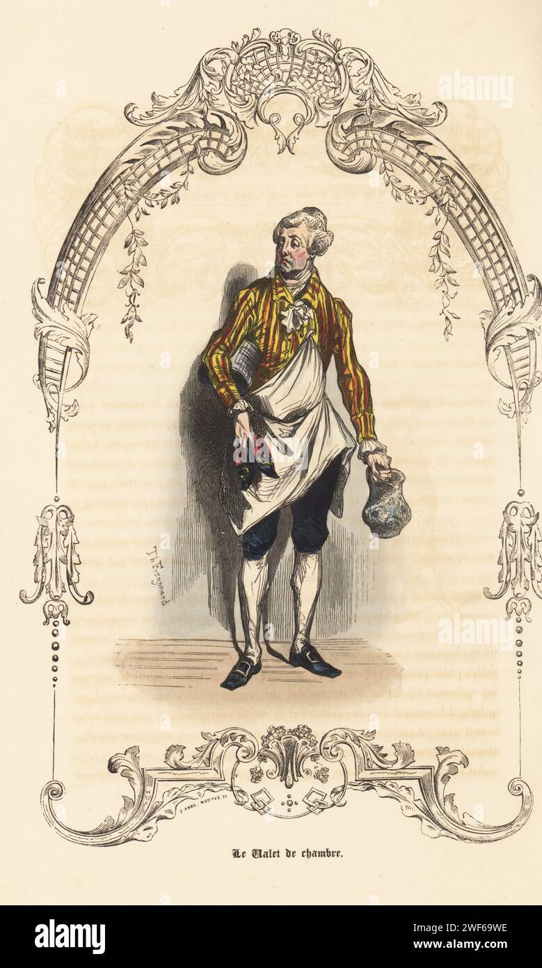 Kostüm eines Hofdieners aus dem 18. Jahrhundert. In gestreifter Jacke, großer Schürze, Reithose und Schnallenschuhen, mit Hutschachtel, Schuhen und Wasserabfluss. Le Valet de Chambre. Handkolorierter Stahlstich nach einer Illustration von Theophile Fragonard, in einer dekorativen Kartusche von Anne Modave, von Augustin Challamels Autrefois oder Le Bon Vieux Temps, Types de 18e Siecle, Challamel et Cie, 1842. Stockfoto