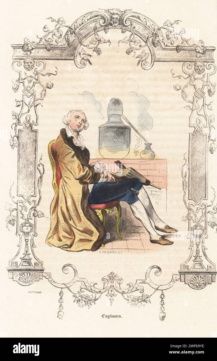 Italienischer Abenteurer, Zauberer, Alchemist, Okkultist und Freimaurer, Alessandro Cagliostro, 1743-1795. In Mantel, Reithose und Schlauch, mit Balg vor einem Herd und still. Cagliostro. Handkolorierter Stahlstich von A. Pegard nach einer Illustration von Theophile Fragonard, in einer dekorativen Kartusche von Bertrand, aus Augustin Challamels Autrefois oder Le Bon Vieux Temps, Types de 18e Siecle, Challamel et Cie, 1842. Stockfoto