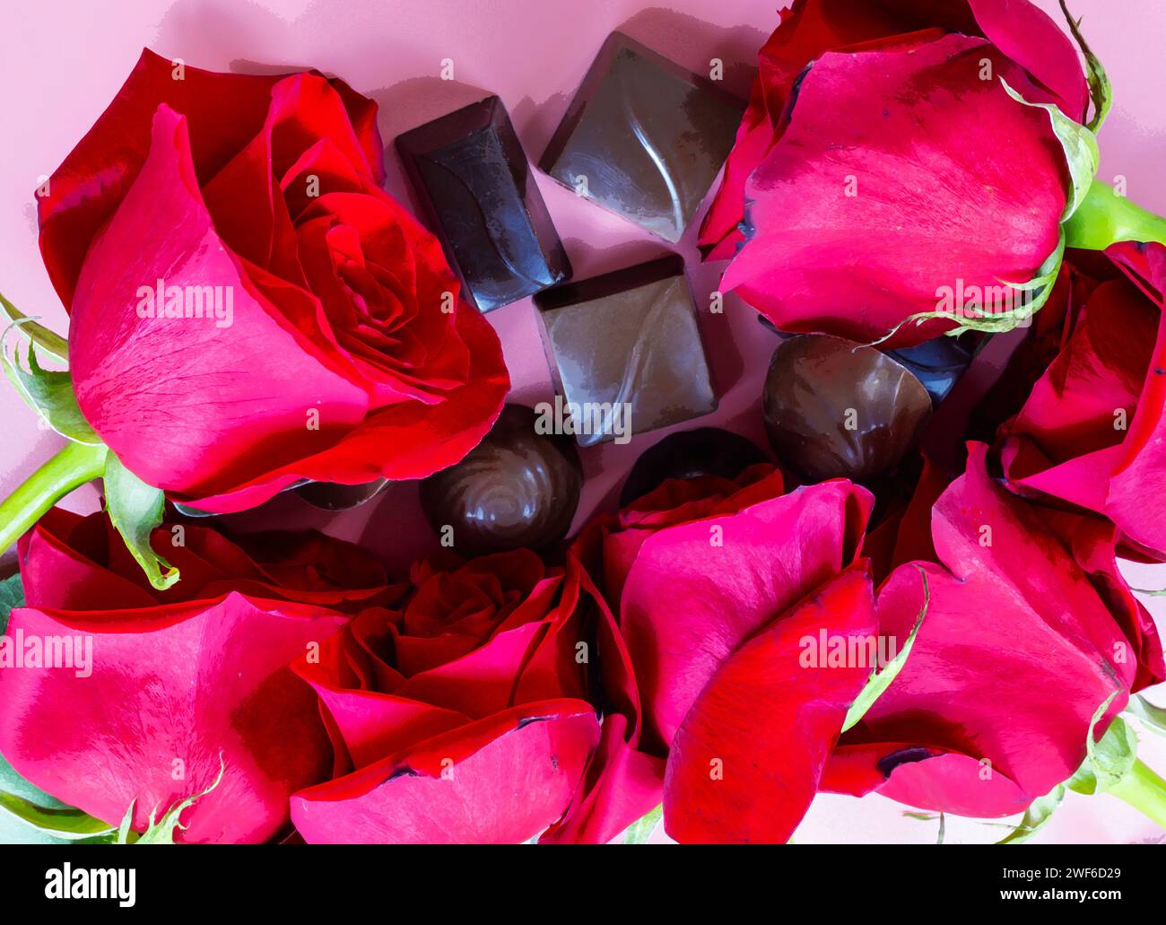 Köstliche Schokoladenbonbons und rote Rosen auf rosa Hintergrund, Aquarelleffekt. Stockfoto