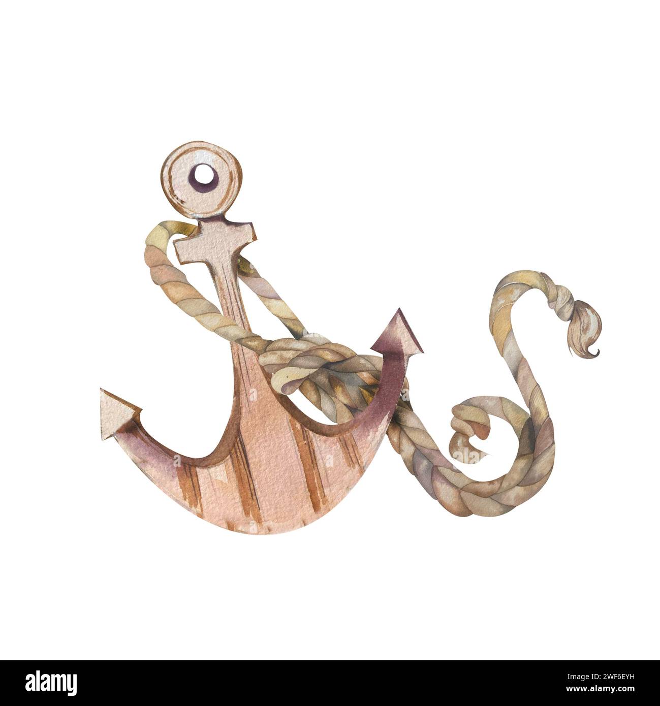 Aquarellabbildung eines Ankers mit einem Seil. Meeresmotiv. Handgemachte Arbeit. Isoliert auf weißem Hintergrund. Für Ihr Design. Stockfoto