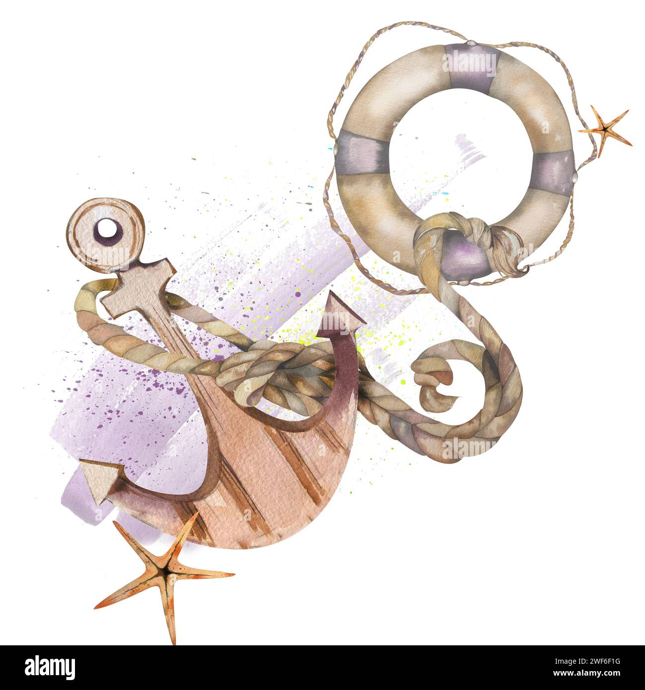 Zusammensetzung eines Ankers mit einem Seil, eines Seesterns und eines Rettungsschirms. Meeresmotiv. Handgemachte Arbeit. Isoliert auf weißem Hintergrund. Für Ihr Design. Stockfoto