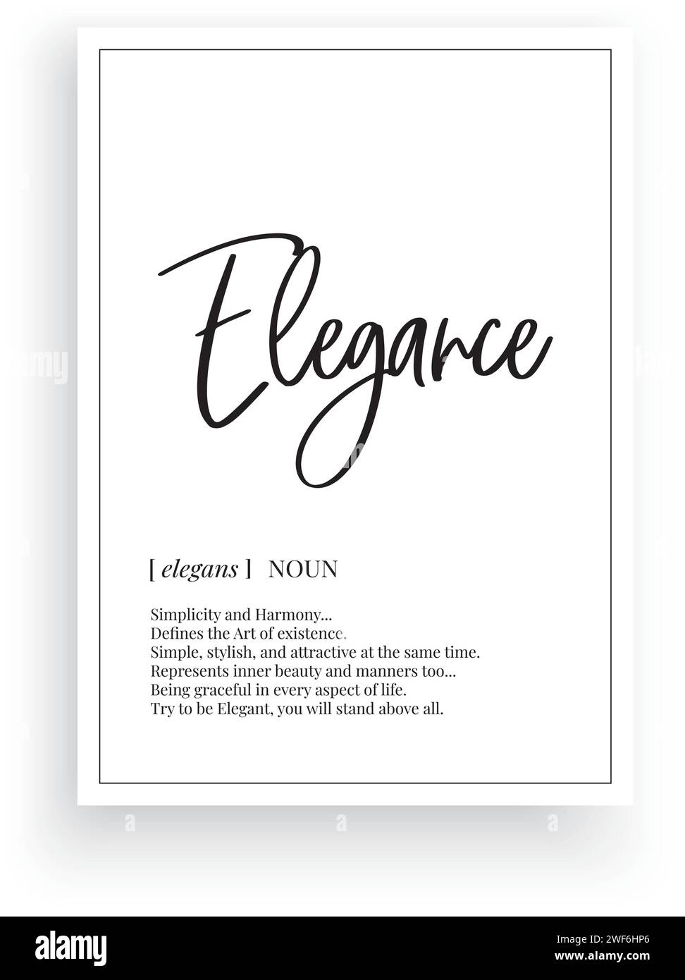 Eleganz Definition, Vektor. Minimalistisches Posterdesign. Wandaufkleber, Kurzbeschreibung. Wording Design isoliert auf weißem Hintergrund, Schriftzug. Wandkunst Stock Vektor