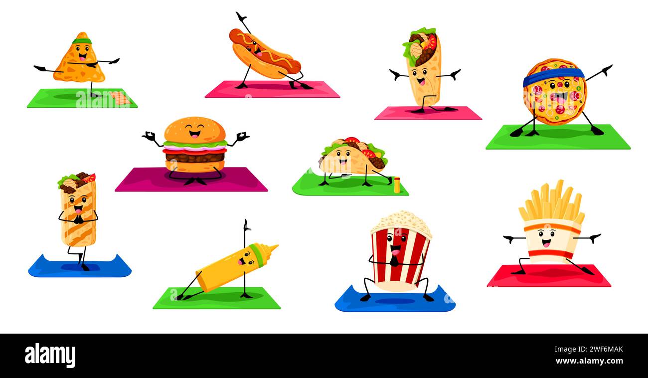 Cartoon-Fastfood-Charaktere über Yoga-Fitnesssport. Straßenrestaurant Mahlzeiten kindliche Persönlichkeit, zum Mitnehmen Café Nacho, Hotdog, Burrito und Pizza, Hamburger, taco isoliertes Vektor-lustiges Maskottchen auf Yogamatte Stock Vektor
