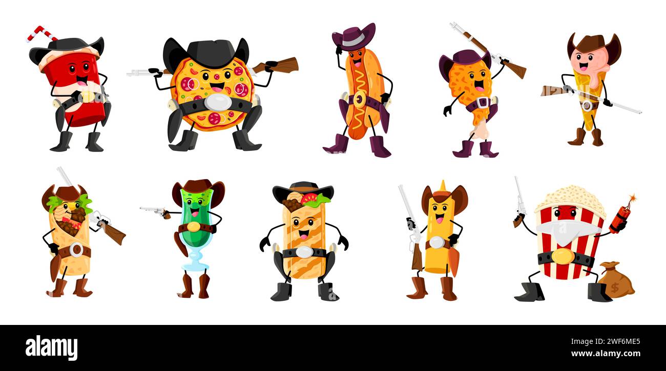 Cartoon Fast Food Cowboy und Ranger, Bandit und Sheriff Charaktere. Vektor-Soda-Getränk, Pizza, Hot Dog und Hühnertrommeln. Eis, Burrito oder Shawarma, Cocktail und Senfflasche mit Popcorn Stock Vektor