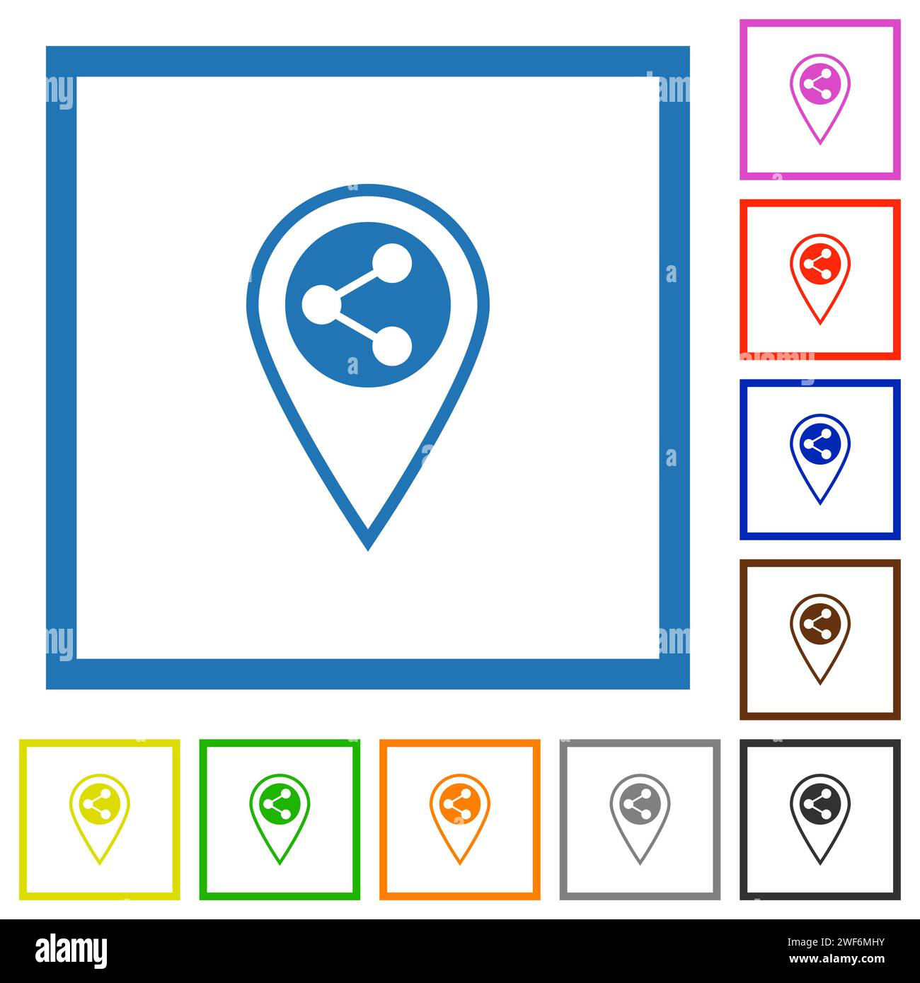 Geben Sie flache farbige Symbole für GPS-Position in quadratischen Rahmen auf weißem Hintergrund frei Stock Vektor