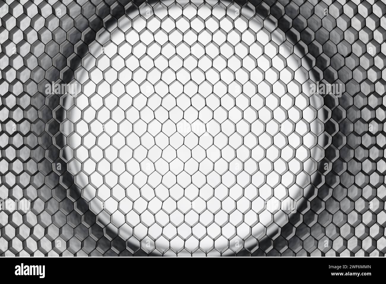 Abstrakter grauer Hintergrund mit Wabenzellen, hintergrundbeleuchtet mit einem Kreis in der Mitte. Fotografischer Wabenreflektor. Stockfoto