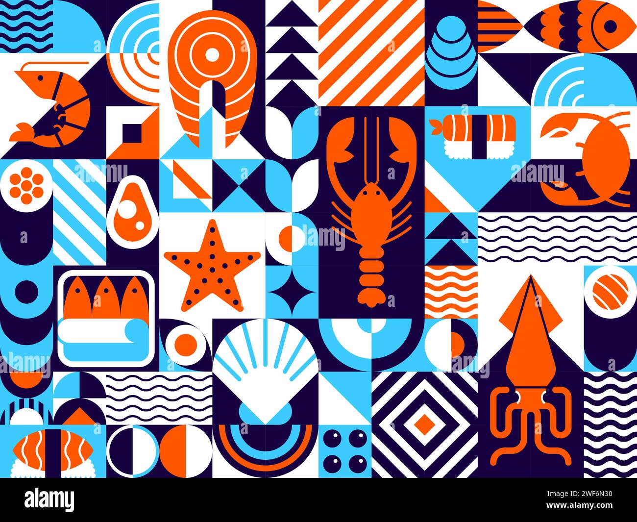 Abstrakte Meeresfrüchte modernes geometrisches Muster, Vektor-Mosaikfliesen Hintergrund. Meeresfrüchte in geometrischen Formen Muster von Fisch für Sushi, Garnelen und Lachs mit Krabben und Austern, Meeresfrüchten Tintenfisch und Kaviar Stock Vektor