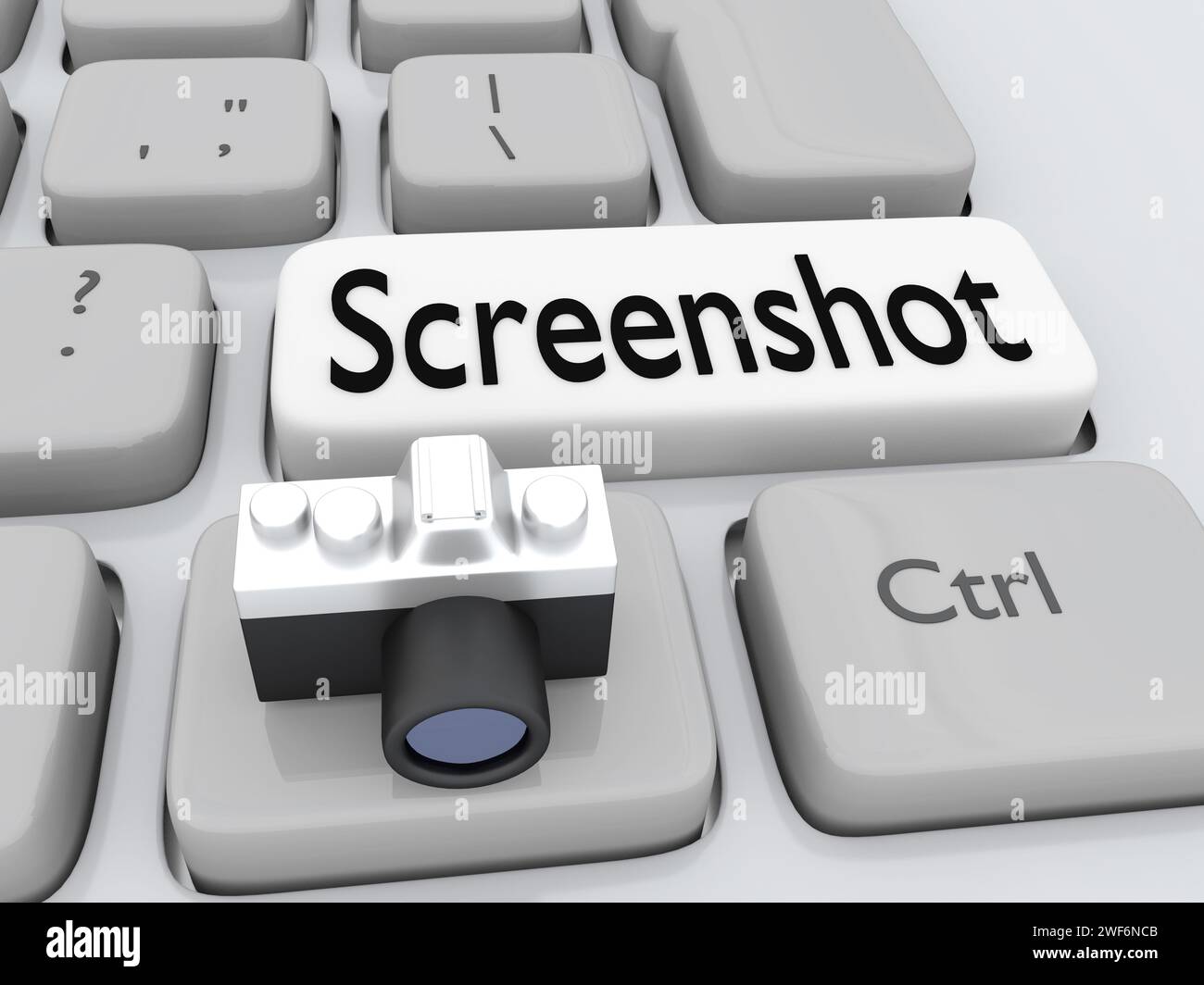 3D-Abbildung einer Kamera auf der Computertastatur mit dem Skript Screenshot Stockfoto
