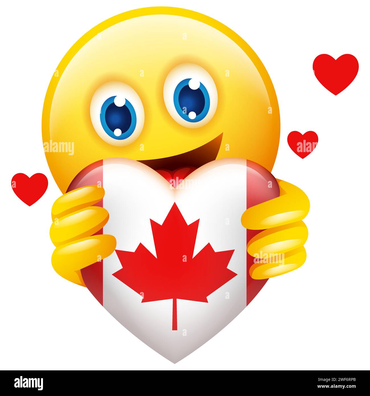Vektor-Illustration des Emoticons, das Herzsymbol von Kanada-Insignien hält, isoliert auf weiß Stock Vektor