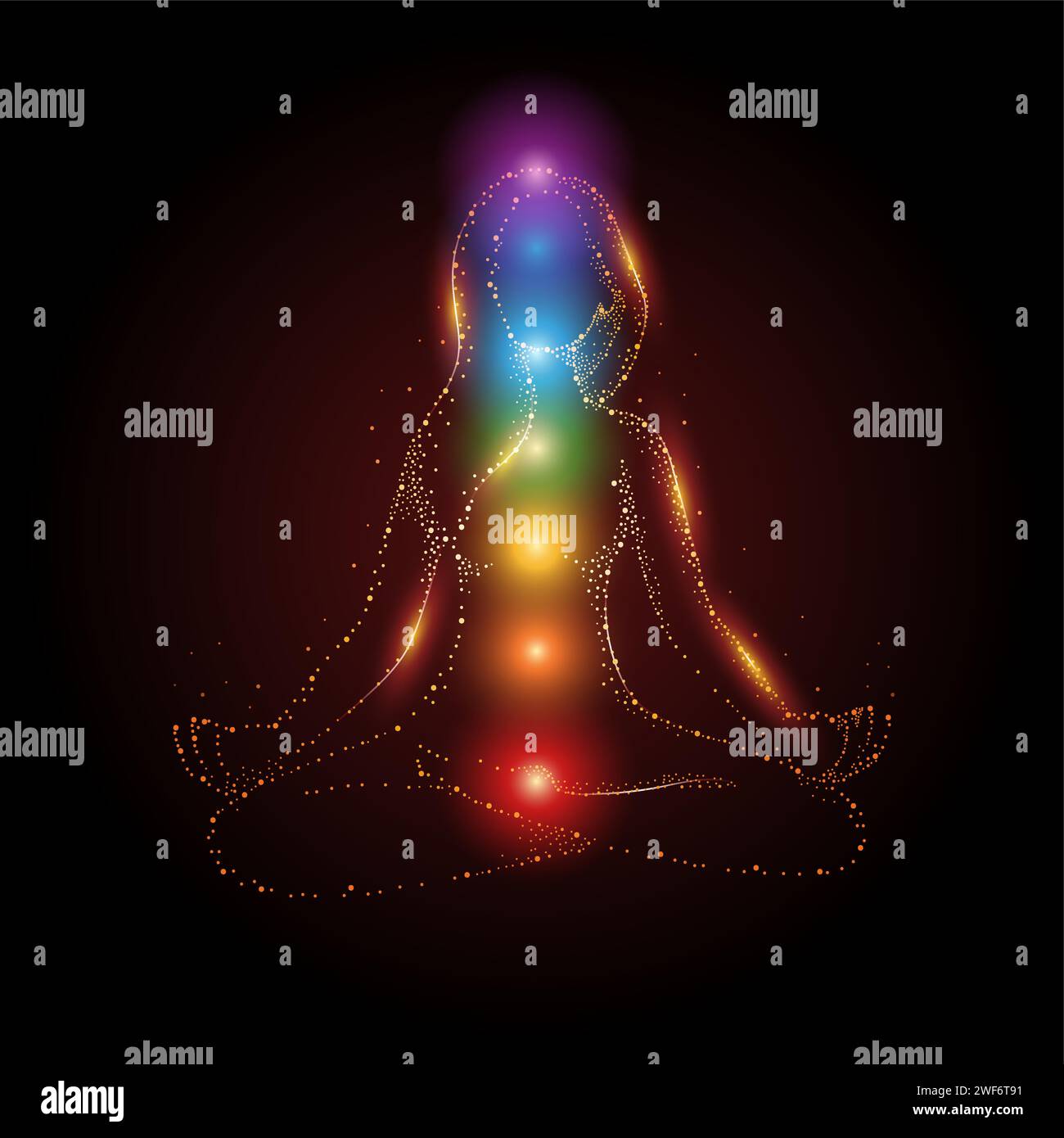 Partikel der weiblichen Figur, die in Lotusposition meditiert, mit bunten 7 Chakren und Aura Glow, Vektorillustration Stock Vektor