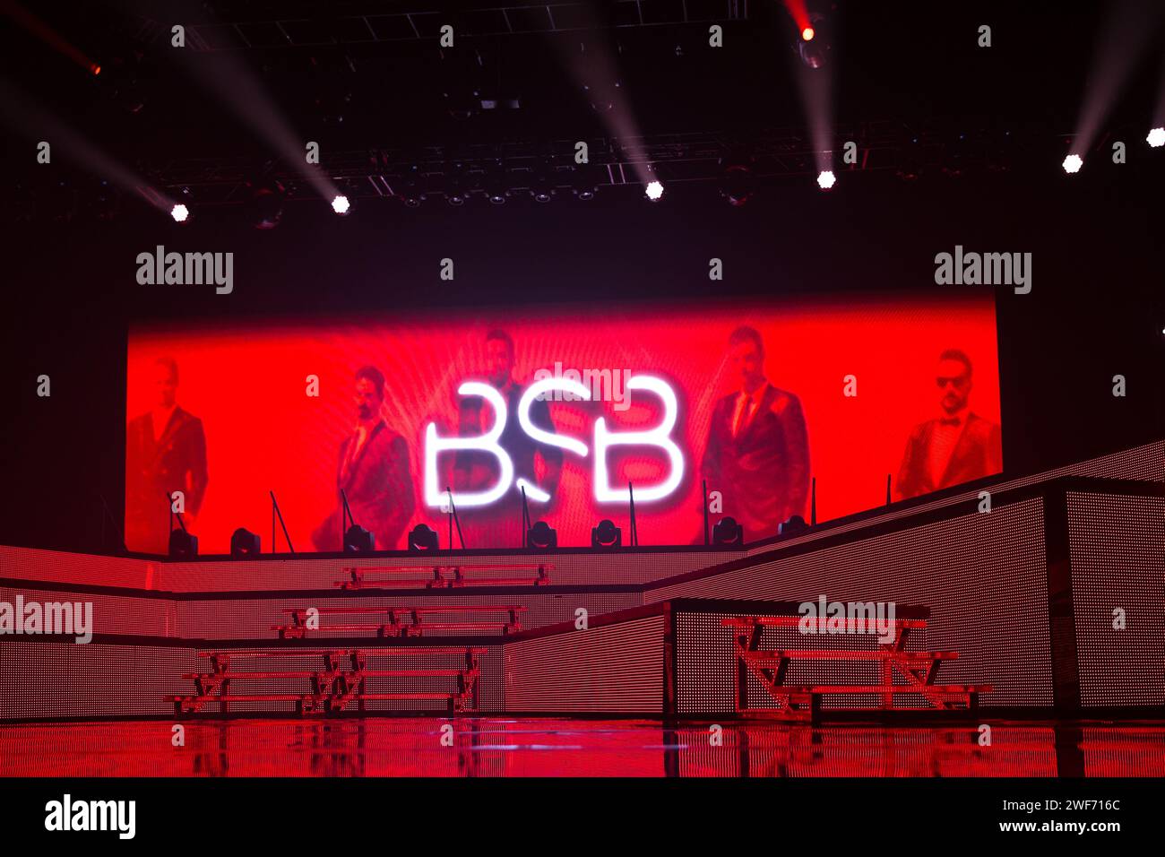 Die Backstreet Boys Bühne in der Phones4U Arena, Manchester, vor der Vorstellung ihrer „in a World Like This“ Tour am 5. April 2014 Stockfoto