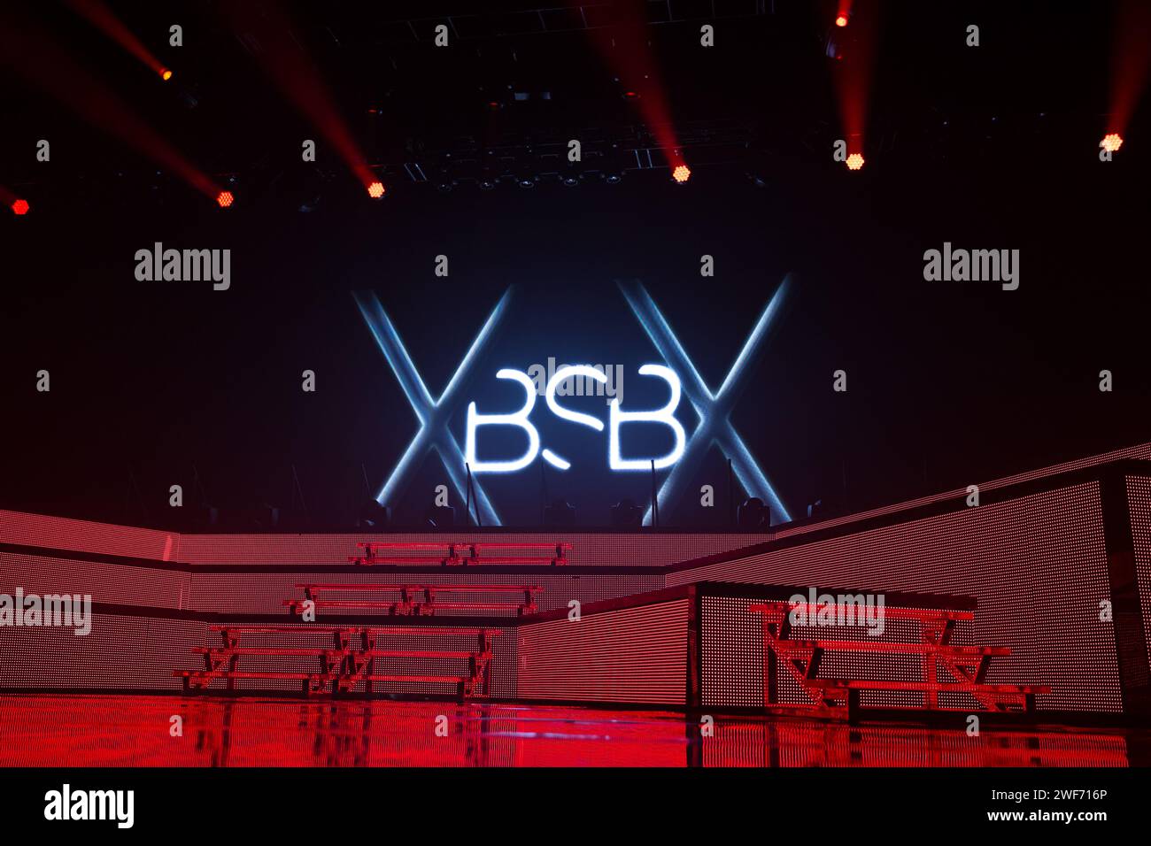 Die Backstreet Boys Bühne in der Phones4U Arena, Manchester, vor der Vorstellung ihrer „in a World Like This“ Tour am 5. April 2014 Stockfoto
