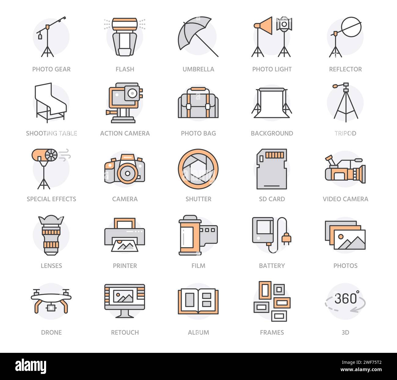 Flache Symbole für Fotoausrüstung. Digitalkamera, Fotos, Beleuchtung, Videokameras, Fotozubehör, Speicherkarte, Stativ. Vektorabbildung Stock Vektor