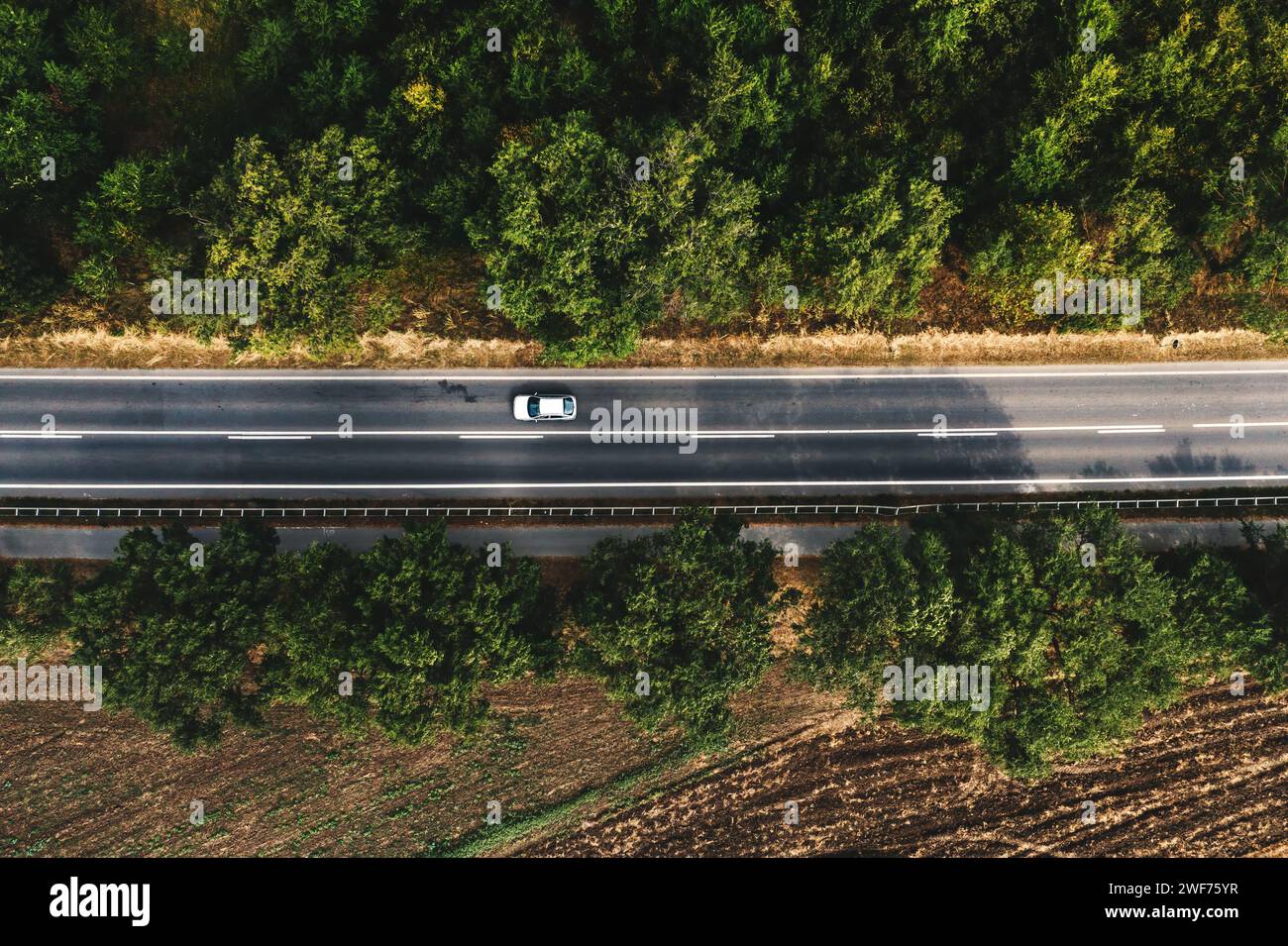 Auto auf Autobahnstraße, Luftaufnahme von Draufsicht vom Drohnen-pov, direkt darüber Stockfoto