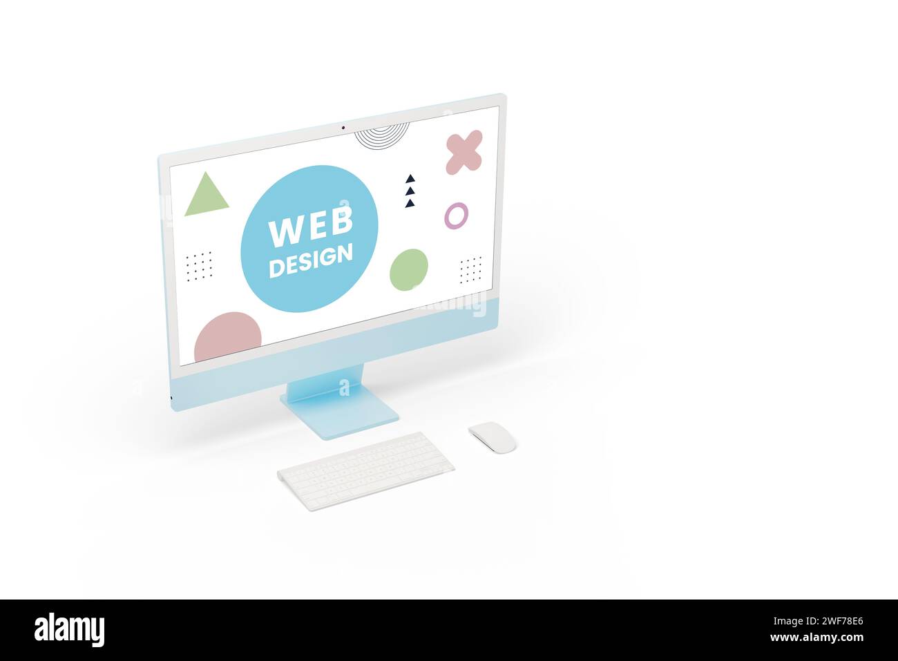 Computerdisplay auf weißem Hintergrund mit Web Design-Text mit verschiedenen grafischen Elementen. Minimalistisch super sauber und modern Stockfoto