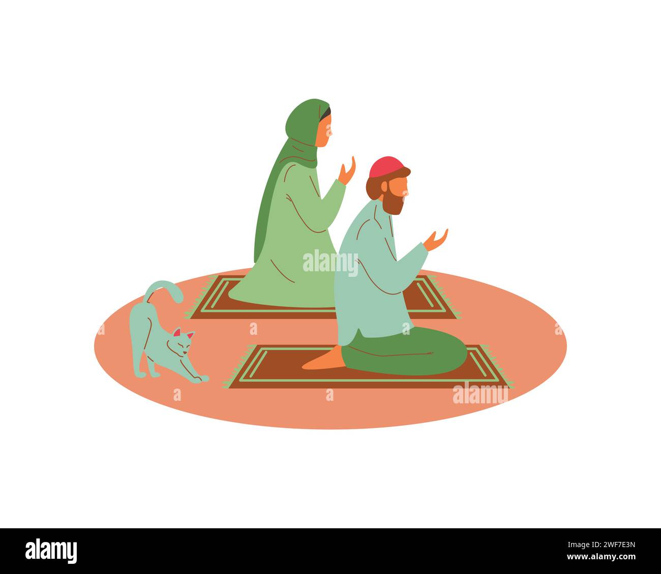 Arabische Frau und Mann beten zu Gott, während eine Katze ihren Körper stärkt. Illustration des Konzepts Tierförderung und Adoption Stock Vektor