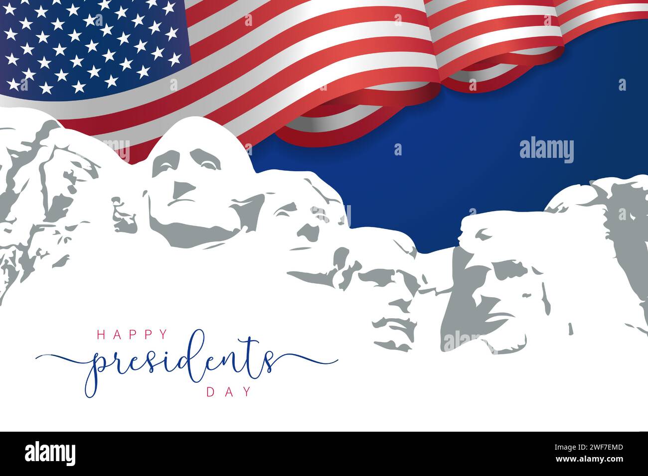Happy Presidents Day mit schwenkender Flagge USA und Mount Rushmore. Denkmal vier US-Präsidenten, kreatives Konzept für Urlaub. Vektorabbildung Stock Vektor