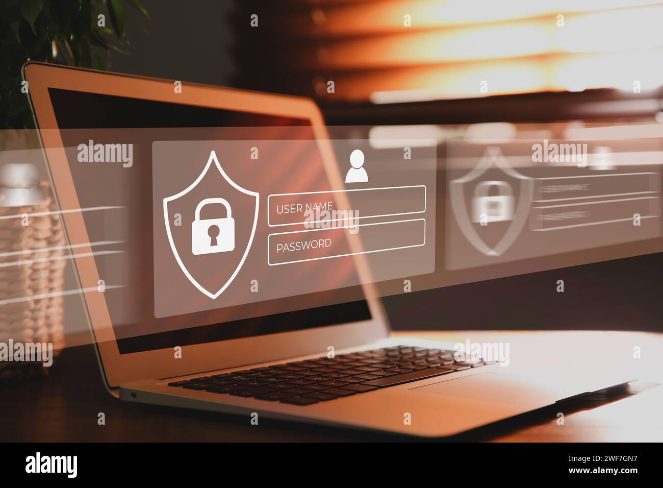 Datenschutz. Digitale Anmeldeschnittstelle über Laptop im Büro Stockfoto