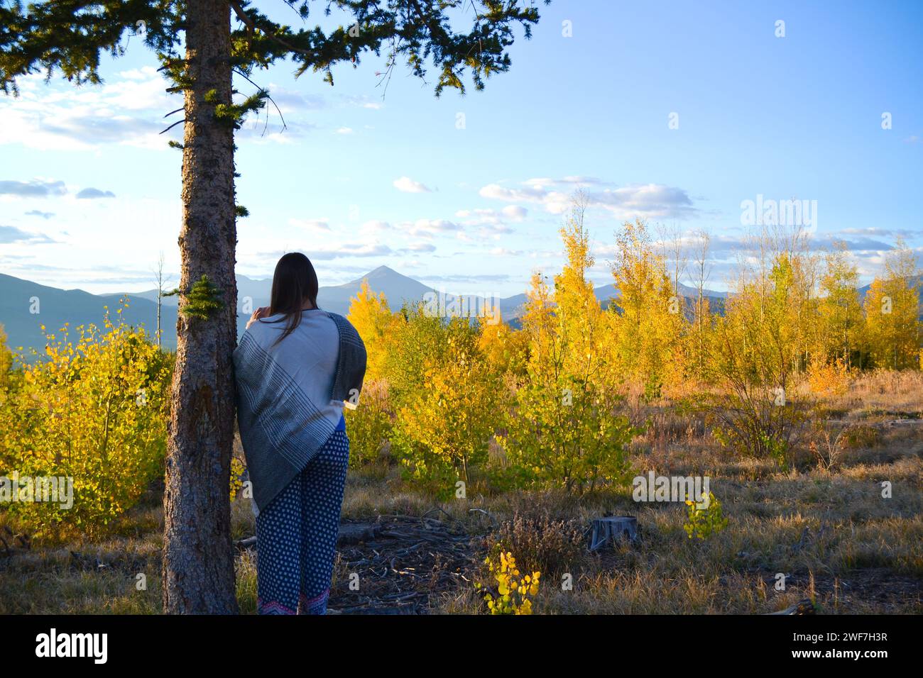 Frauen stehen friedlich und blicken durch Bäume A auf den Mountain Peak Stockfoto