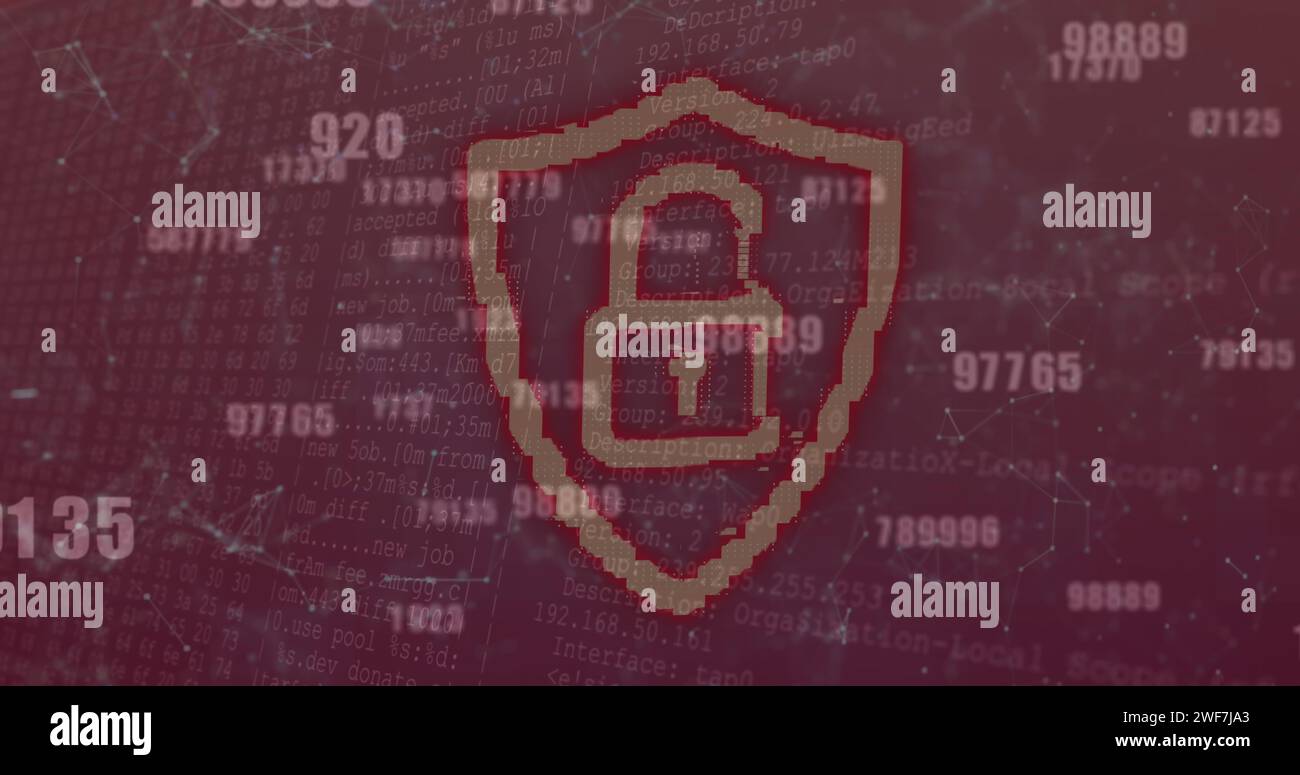 Bild von Zahlenänderungen und Datenverarbeitung mit digitalem Online-Sicherheitsschloss Stockfoto