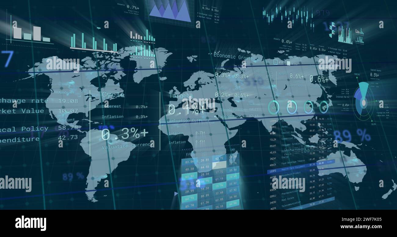 Bild der Verarbeitung von Finanzdaten auf der Weltkarte Stockfoto