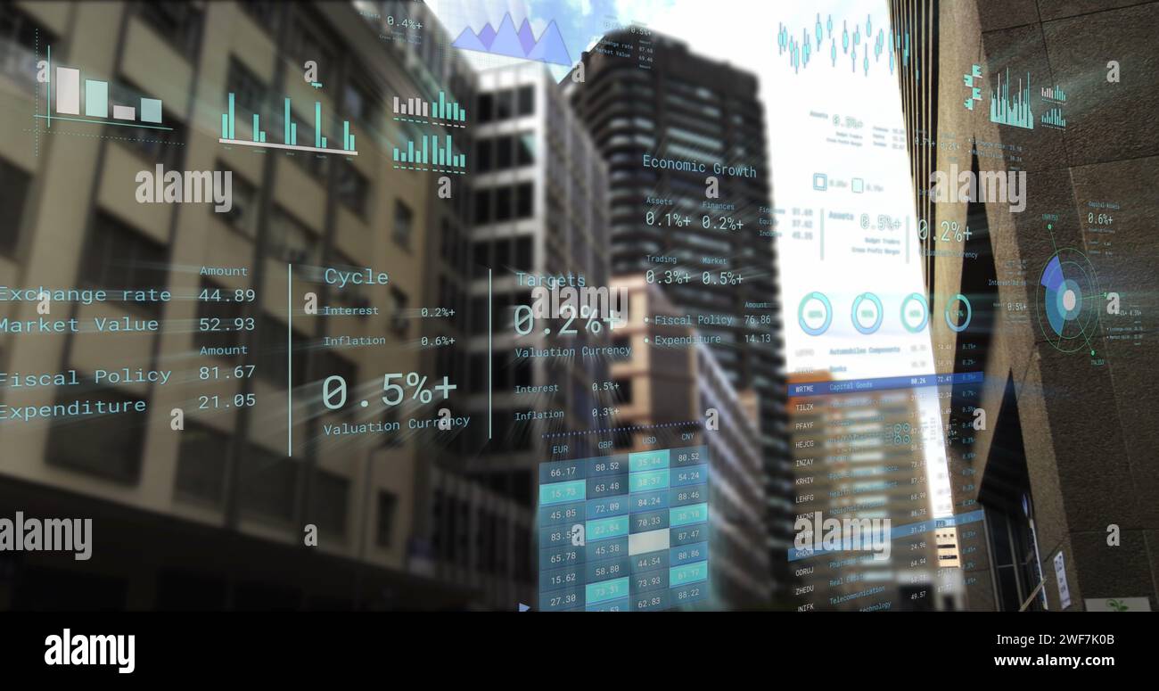 Bild der Verarbeitung finanzieller Daten über dem Stadtbild Stockfoto