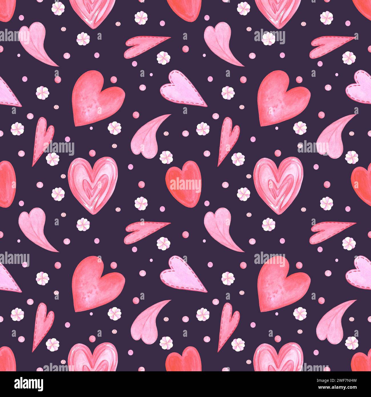 Hand gezeichnetes Aquarell nahtloses valentinsmuster mit Herzen isoliert auf dunklem Hintergrund. Kann für Textilien, Gewebe, Geschenkpapier und andere PR Stockfoto