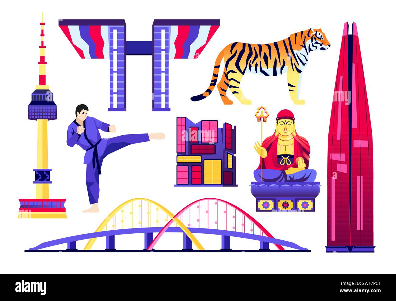 Moderne Architektur und Symbole Südkoreas - flache Objekte im Design-Stil Stock Vektor