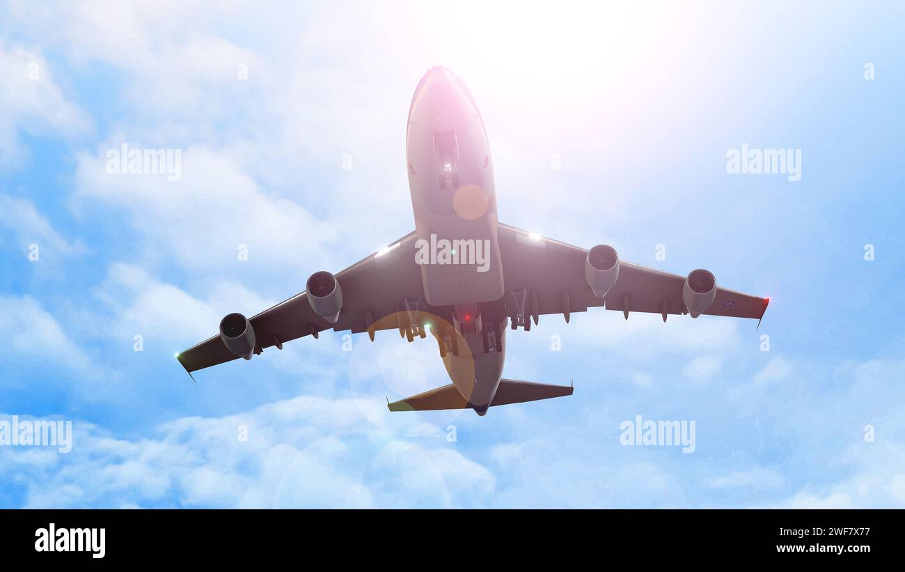 Niedrigwinkelansicht eines Flugzeugs, das am Himmel fliegt Stockfoto