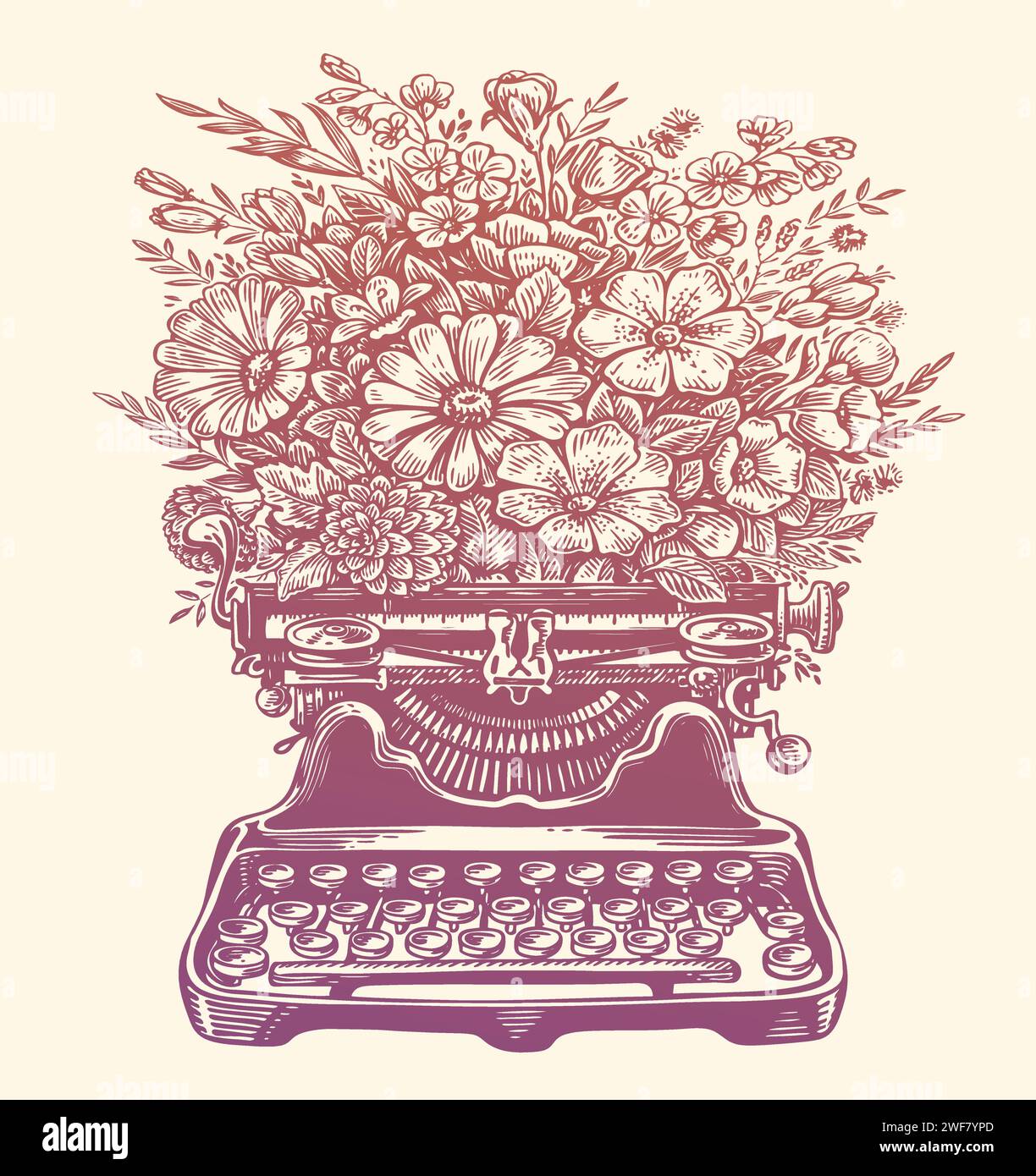 Schreibmaschine und Blumen mit Blättern und Pflanzen. Handgezeichnete Vintage-Skizze Vektor-Illustration Stock Vektor
