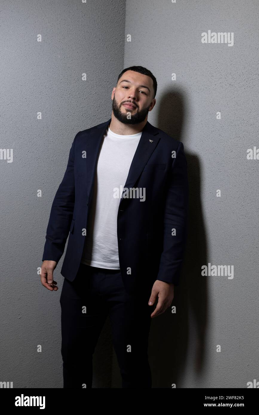 Ellis Genge, englischer Rugby-union-Spieler für den Rugby-Club Leicester Tigers, fotografiert im Januar 2024 in London Stockfoto