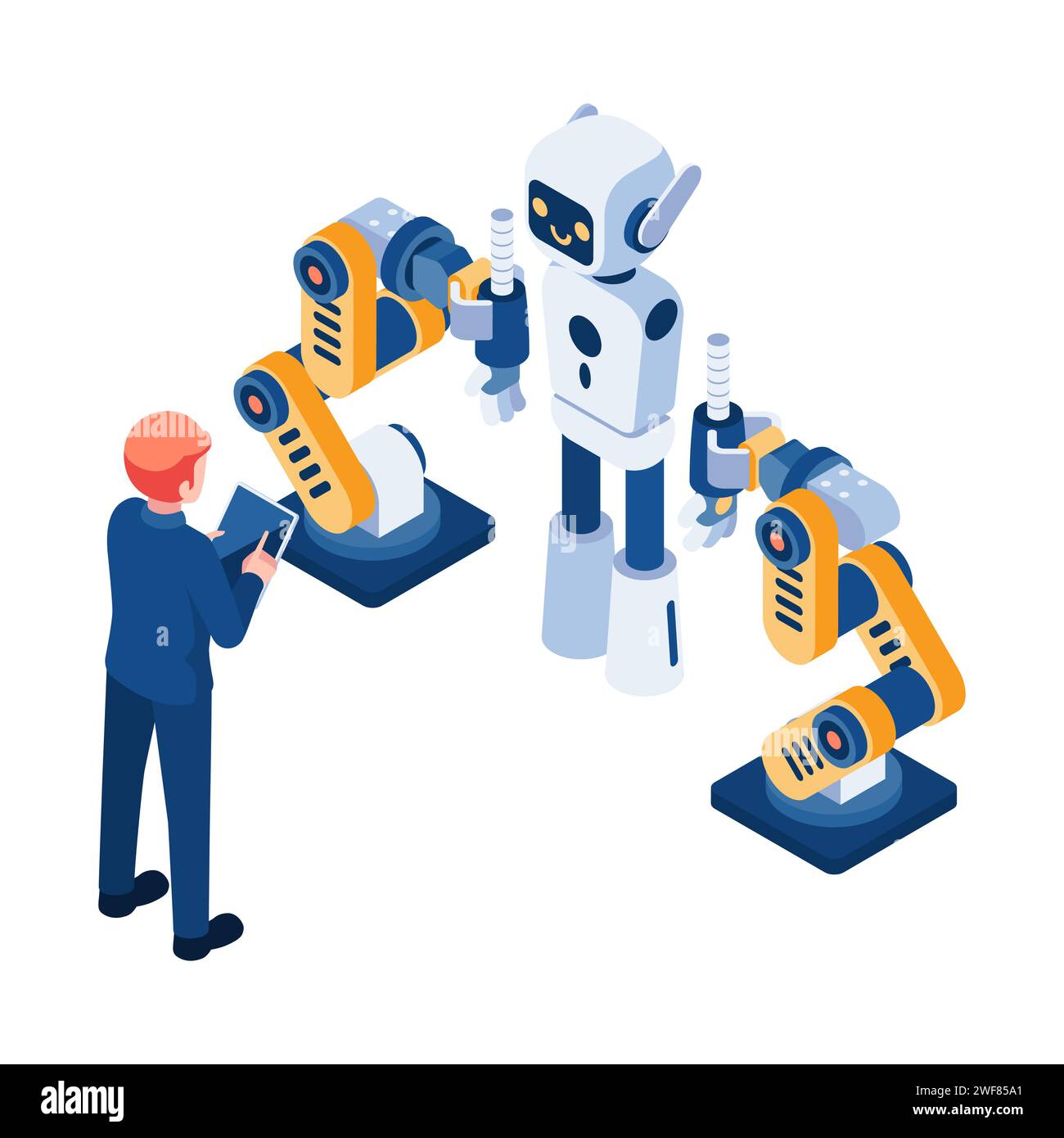 Flacher 3D Isometrischer Geschäftsmann verwendet Robotic Arm Build Ai Robot. Künstliche Intelligenz und Robotik-Technologie-Konzept. Stock Vektor