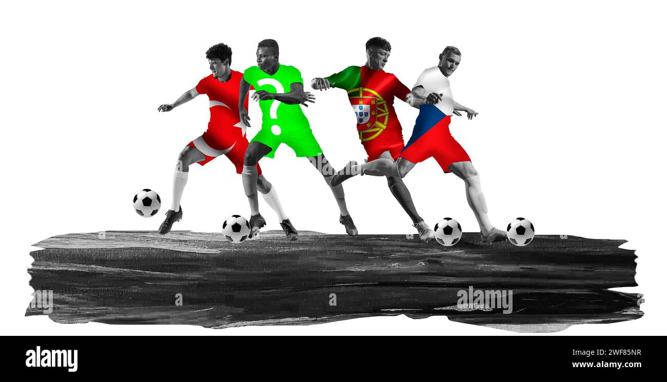Junge Männer, Fußballspieler, die während des Spiels in Bewegung sind und die Mannschaft von Turkiye, Portugal, Chez Republic, Playoff-Sieger C repräsentieren Stockfoto