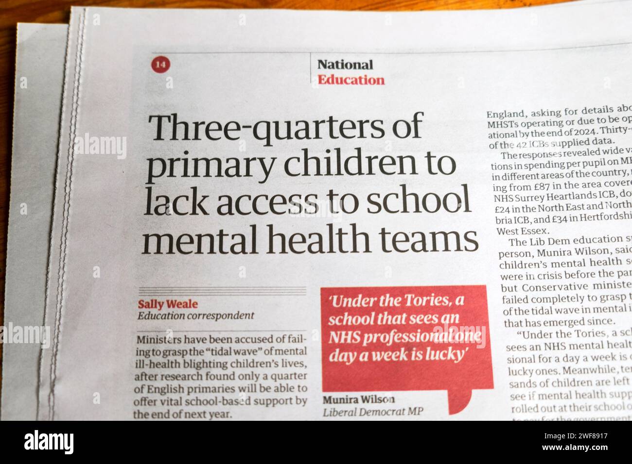 „Drei Viertel der Grundkinder haben keinen Zugang zu den psychischen Gesundheitsteams der Schule“ Guardian Zeitung Headline 10th June 2023 artikel London England UK Stockfoto