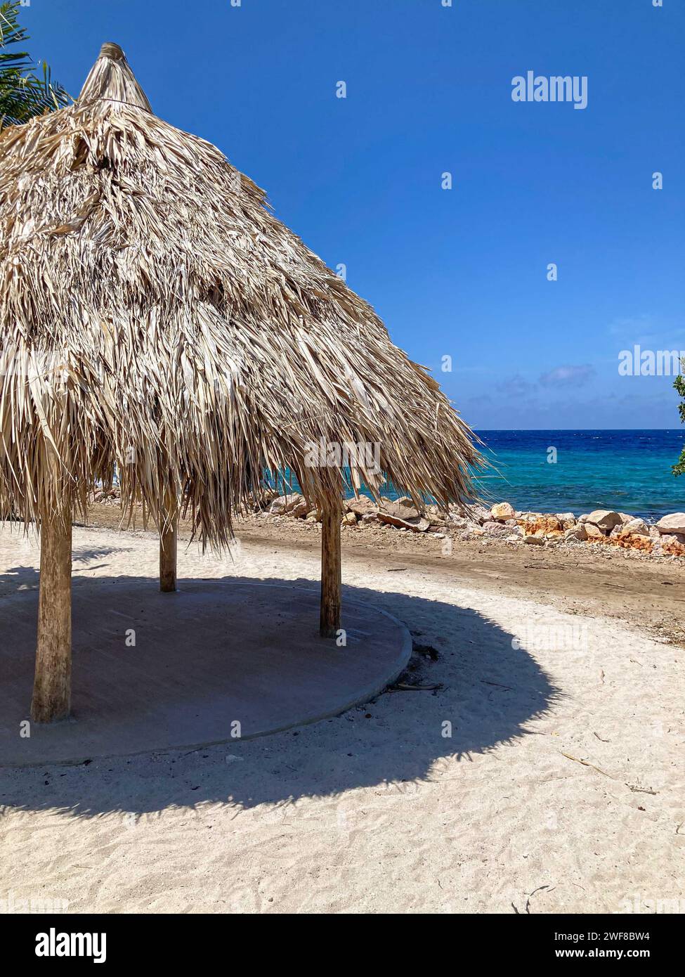 Überdachte Strohdächer im öffentlichen Picknickbereich, Curacao Stockfoto