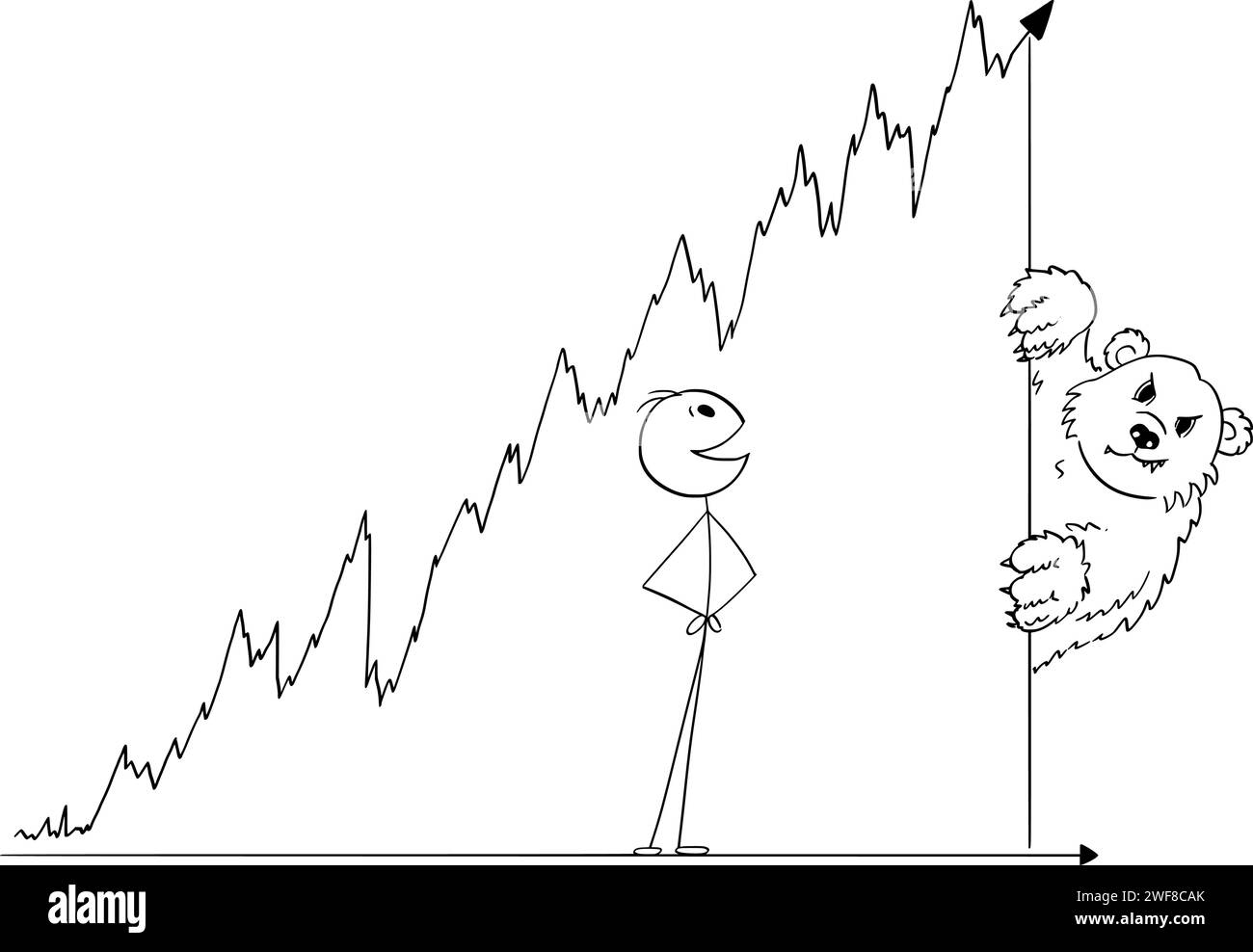 Glücklicher Geschäftsmann und wachsende Grafik des Bullenmarktes, Vektor-Cartoon-Stick-Abbildung Illustration Stock Vektor