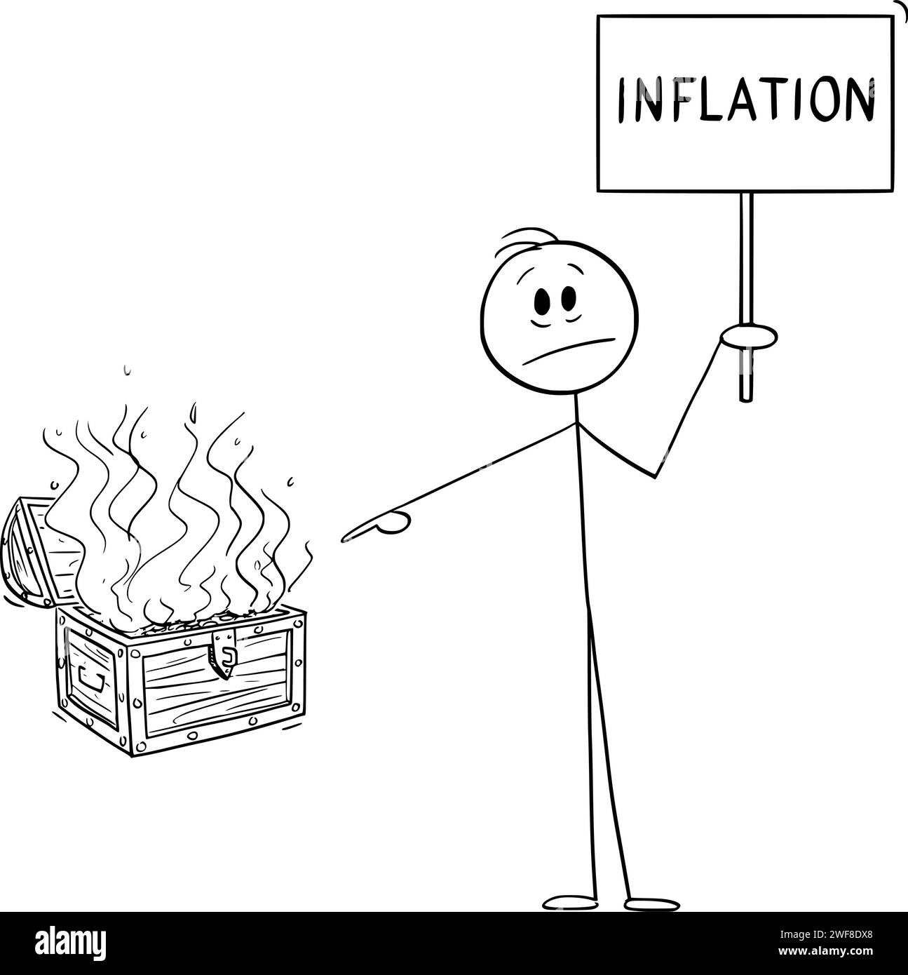 Inflation, Geld in der Schatztruhe brennen, Vektor-Cartoon-Stick-Abbildung Stock Vektor