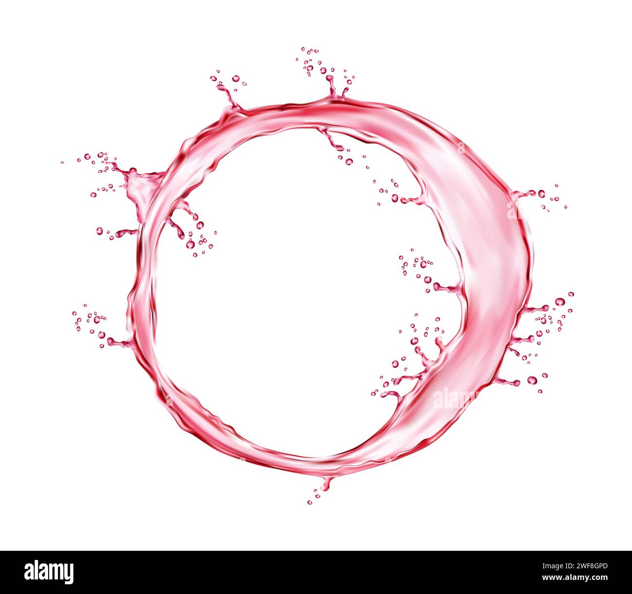 Realistischer rosafarbener, kreisförmiger Tropfen aus Wasser. Isolierter 3D-Vektor lebendiger kreisförmiger Rahmen aus Saft- oder Weinfluss, tanzend in skurrilen Wellen, flüchtige Flüssigkeitsgrenzen, die in der Luft schwebt, strahlt dynamische Energie aus Stock Vektor
