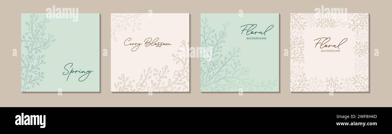 Vorlage für Beiträge in sozialen Medien mit Blumenmuster. Sakura-Blüten-Hintergrund in Pastellfarben. Elegantes, modernes Blumendesign. Grußkarte, Hochzeitseinladung, Co Stock Vektor