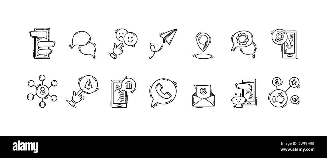 Smartphone mit Doodle-Symbolsatz. Handgezeichnete Skizzen Online-Roboter-Chatbot, Social Media Direct Messaging und Follower, abonnieren und Aktivieren von Benachrichtigungen Stock Vektor