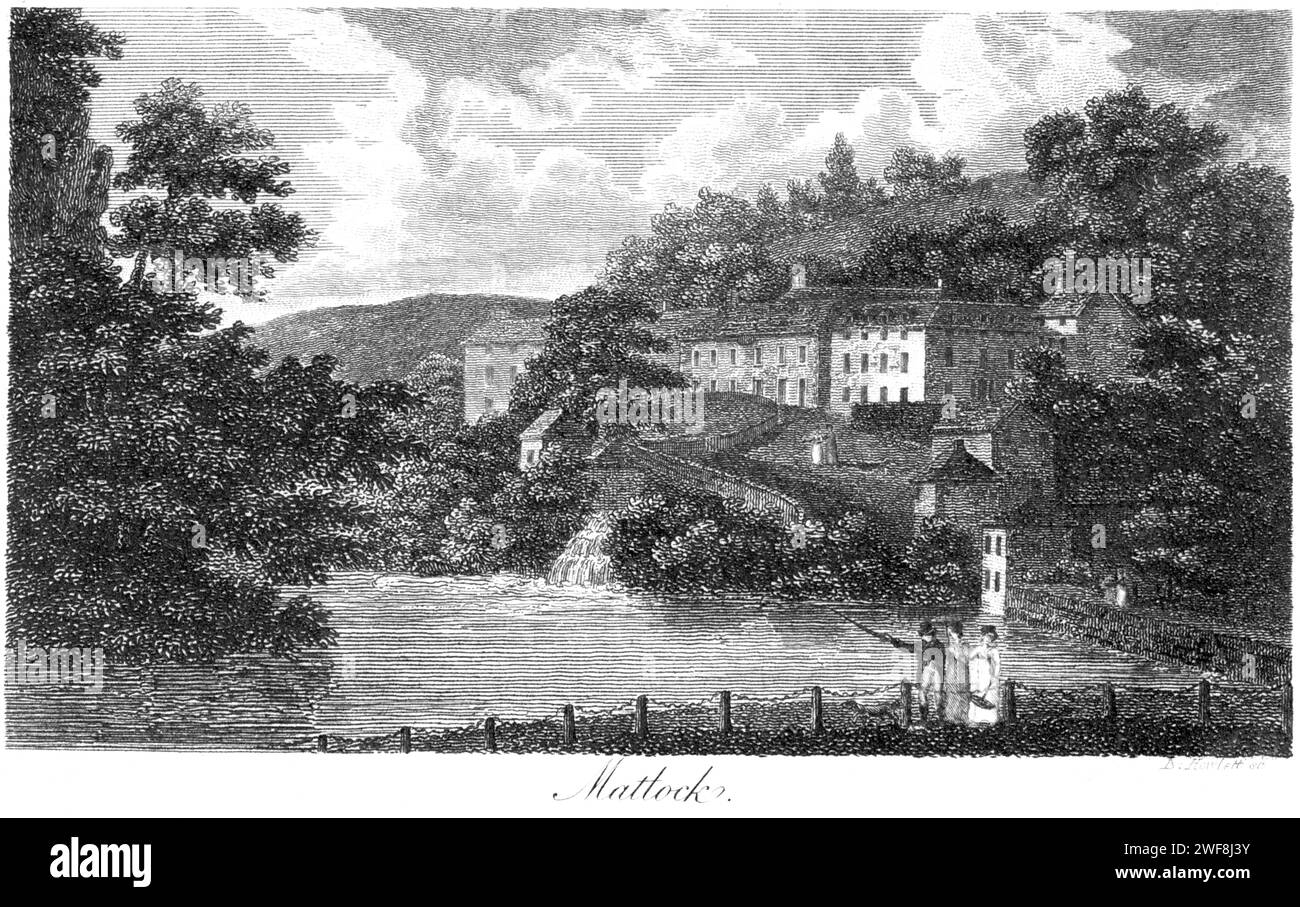 Eine Gravur von Matlock, Derbyshire UK, gescannt mit hoher Auflösung aus einem 1806 gedruckten Buch. Dieses Bild ist urheberrechtlich frei. Stockfoto