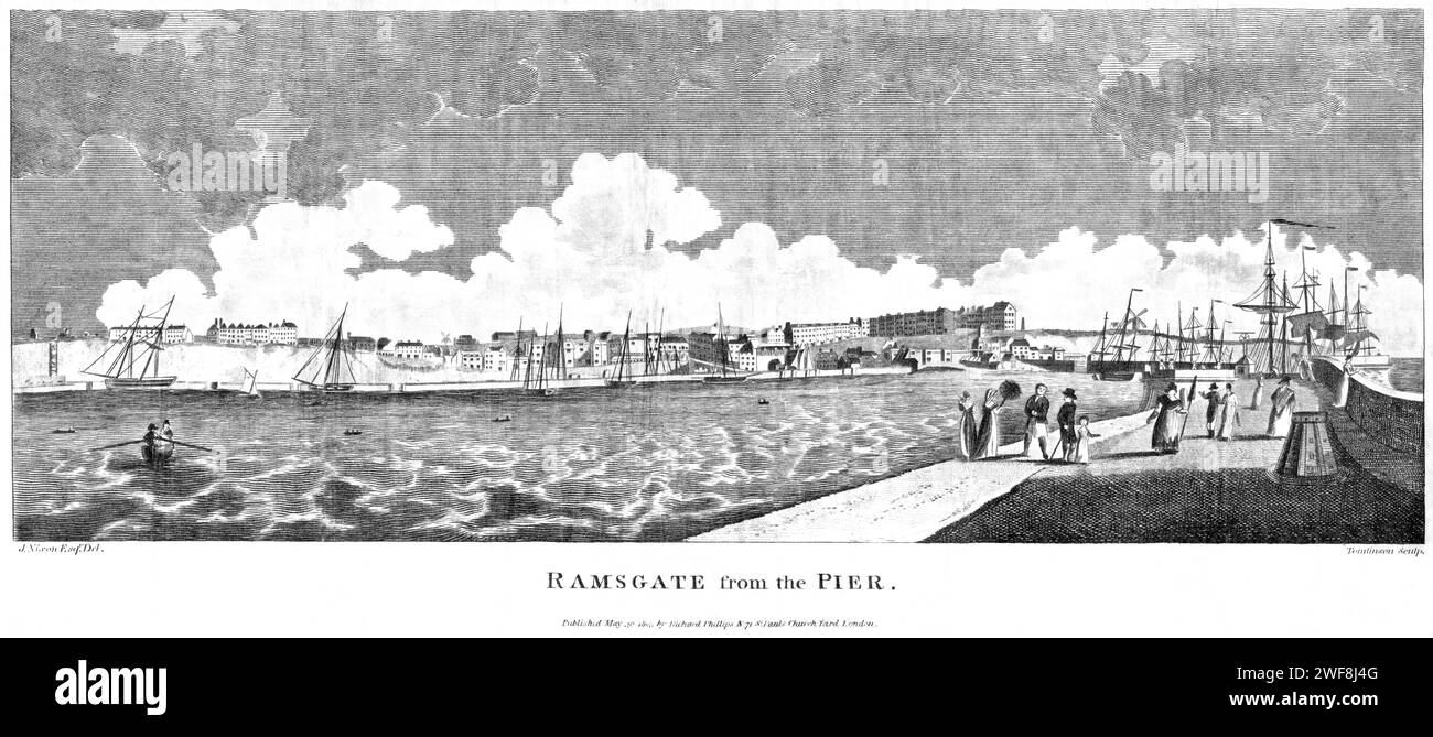 Eine Gravur von Ramsgate vom Pier UK, die in hoher Auflösung aus einem 1806 gedruckten Buch gescannt wurde. Dieses Bild ist urheberrechtlich frei. Stockfoto