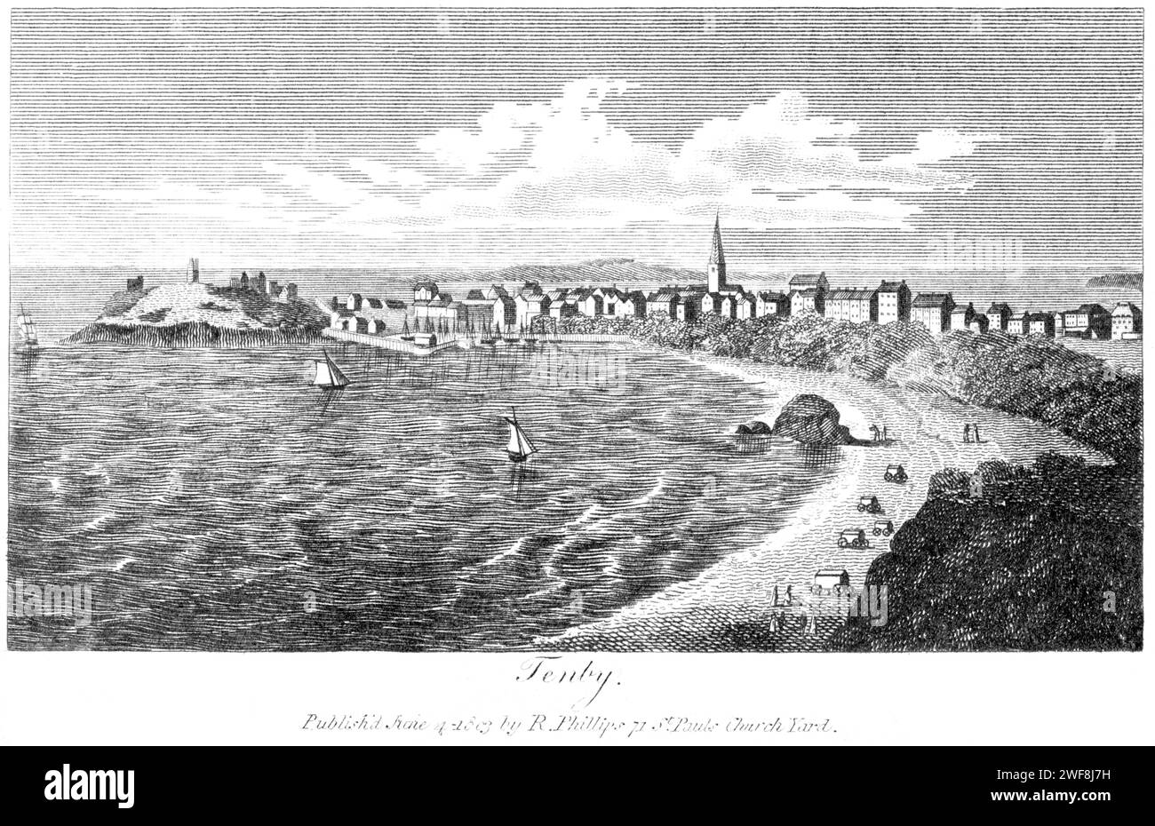 Eine Gravur von Tenby, South Wales UK, gescannt in hoher Auflösung aus einem 1806 gedruckten Buch. Dieses Bild ist urheberrechtlich frei. Stockfoto