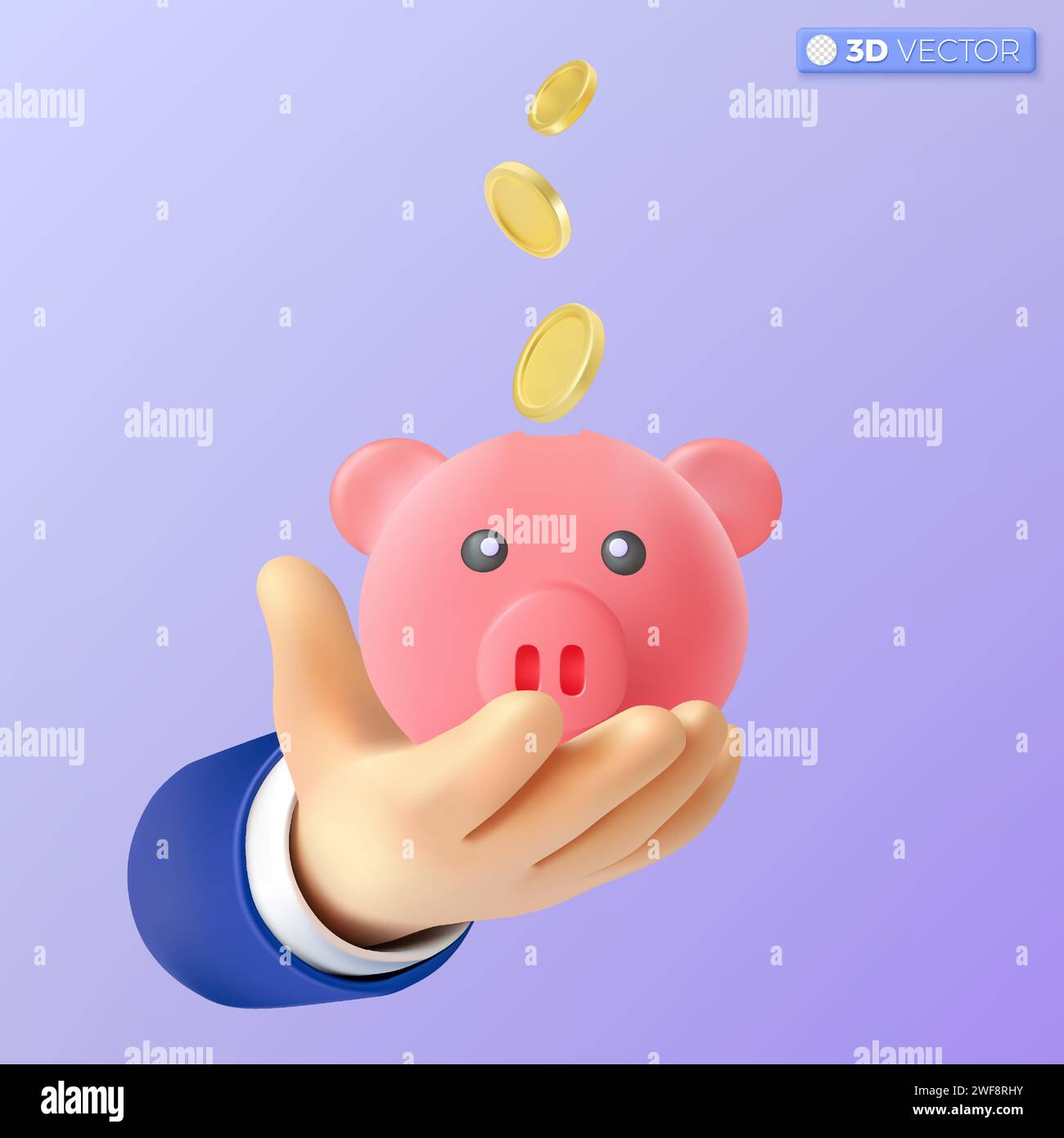 3D-Handgriff-SET-Symbol für Schweinebank und Goldmünzsymbole. Rotierendes Leeres Goldenes Geldzeichen. Einkommen, Ersparnisse, Investitionen, Vermögenskonzept. 3D-Vektor-isola Stock Vektor