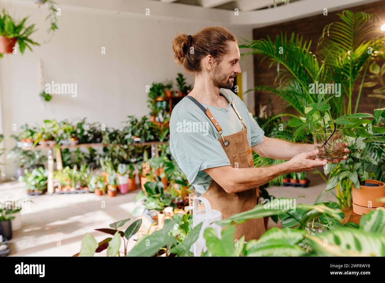 Lächelnder Florist Mann Blumen Verkäufer im Blumenladen, Stockfoto
