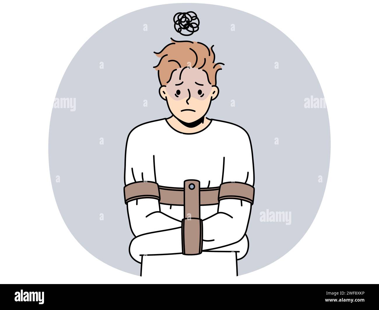 Gestresster Mann in Zwangsjacke leidet an psychischen Problemen. Unglücklicher Kerl kämpft durch psychische Probleme in der psychiatrischen Klinik. Vektordarstellung. Stock Vektor